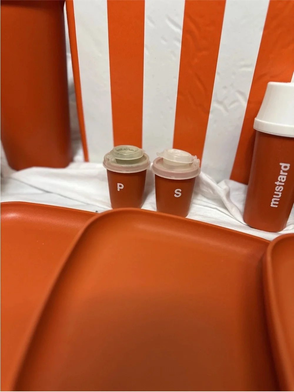 Vintage Tupperware Picnic Set Orange & White Plates, Pitcher, Bowls, Condiment